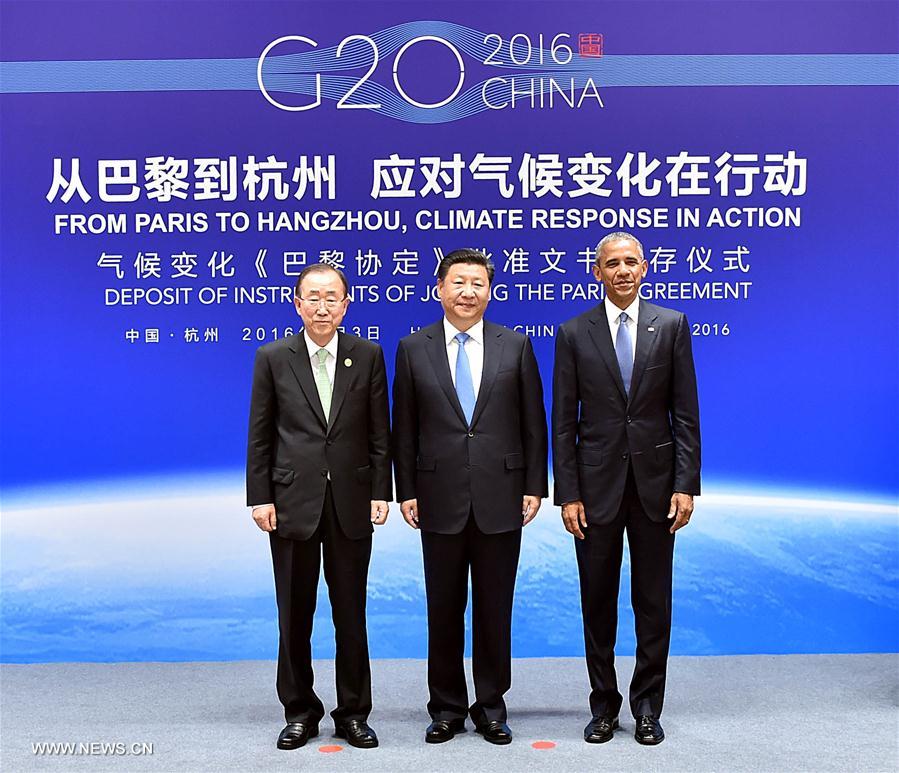 （杭州G20·XHDW）（3）习近平同美国总统奥巴马、联合国秘书长潘基文共同出席气候变化《巴黎协定》批准文书交存仪式
