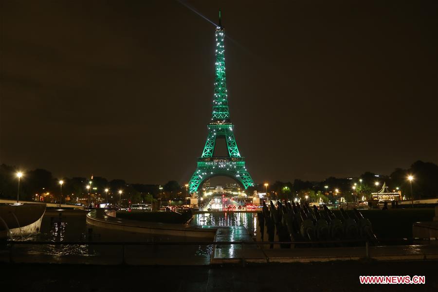France : la Tour Eiffel et l'Arc de Triomphe en vert pour célébrer l'entrée en vigueur  de l'Accord de Paris
