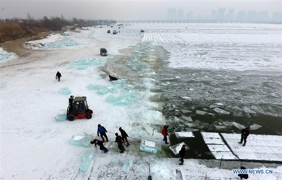 Des travailleurs collectent de la glace dans le nord de la Chine