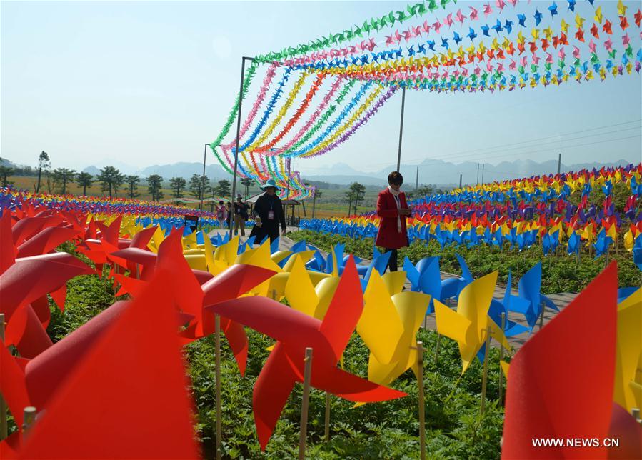 Chine : des petits moulins à vent dans un jardin de lavande au Guangxi