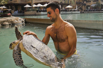 Djokovic s'amuse avec une tortue à Dubaï