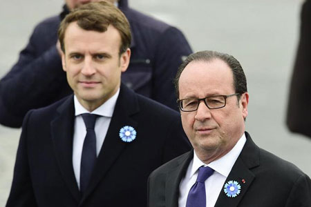 Hollande et Macron côte à côte aux commémorations du 72e anniversaire de la capitulation 
allemande (PAPIER GENERAL)